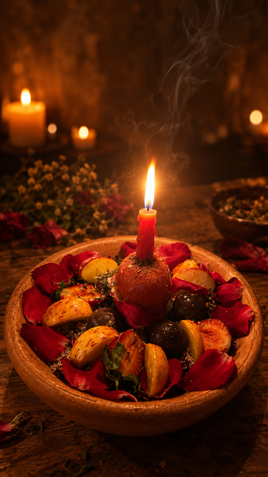Ritual de reconciliação e adoçamento com vela, frutas e pétalas