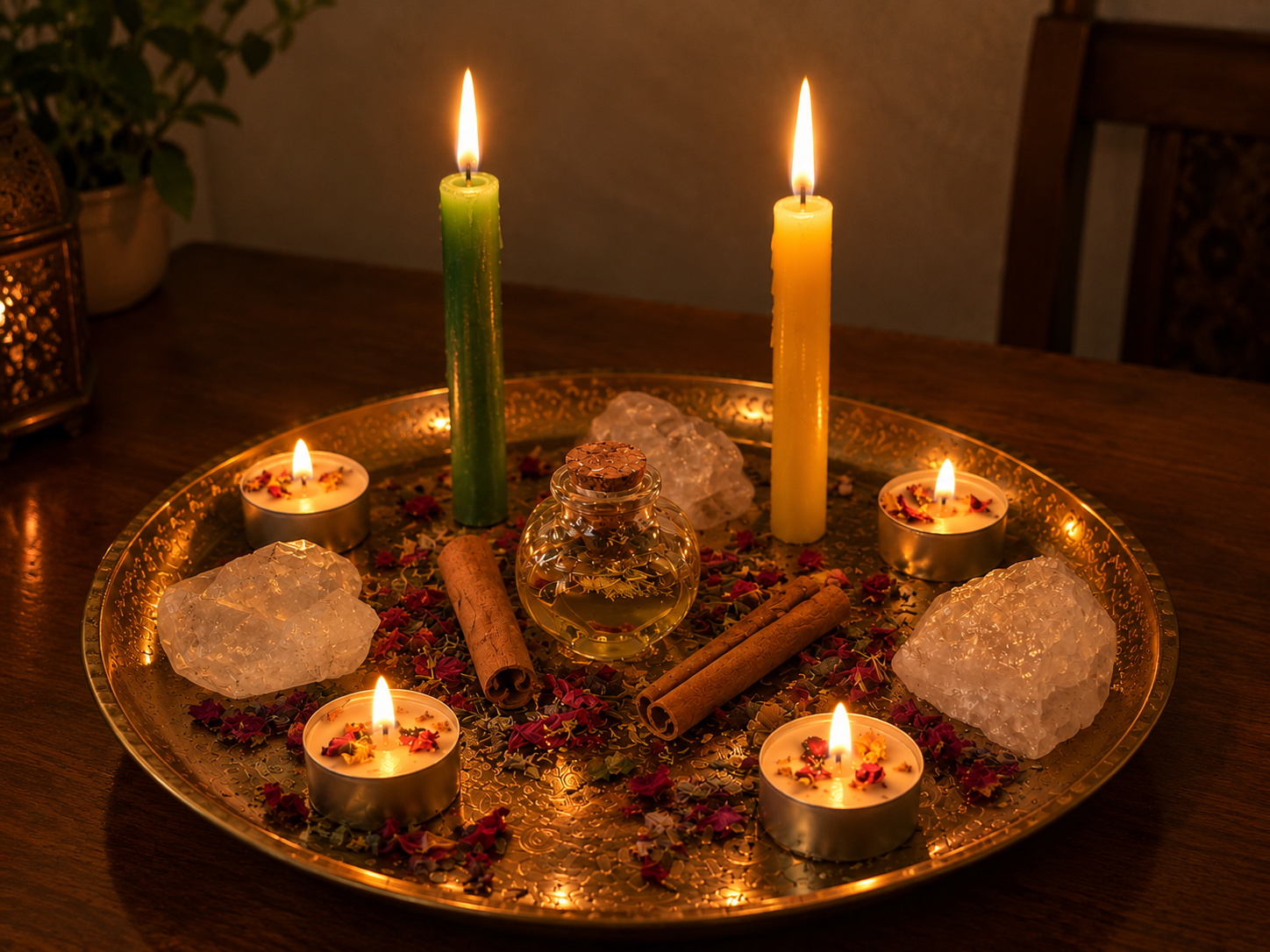 Ritual de abertura de caminhos com velas, cristais e ervas